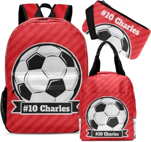 Custom Soccer Backpacks Set with Name Text Large Capacity Lunch Bag Pencil Bag Student Schoolbag Ball Red Stripes