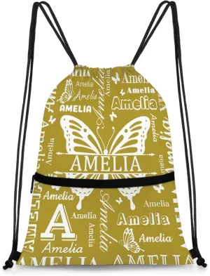 Custom Sports Drawstring Backpacks with Name Dance Gymnastics Bag, Butterfly Design Personalized Drawstring Sport Bags for Gym Beach Travel, Brown