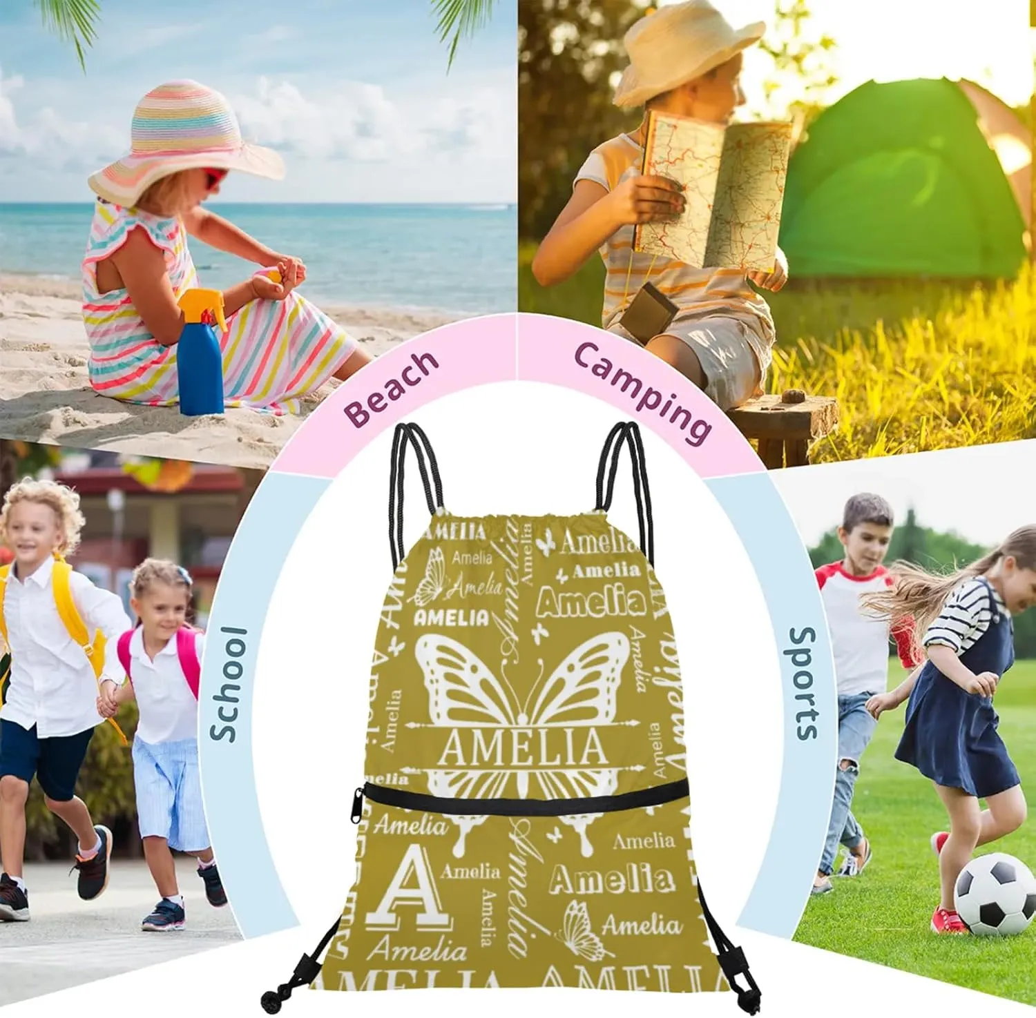 Custom Sports Drawstring Backpacks with Name Dance Gymnastics Bag, Butterfly Design Personalized Drawstring Sport Bags for Gym Beach Travel, Brown
