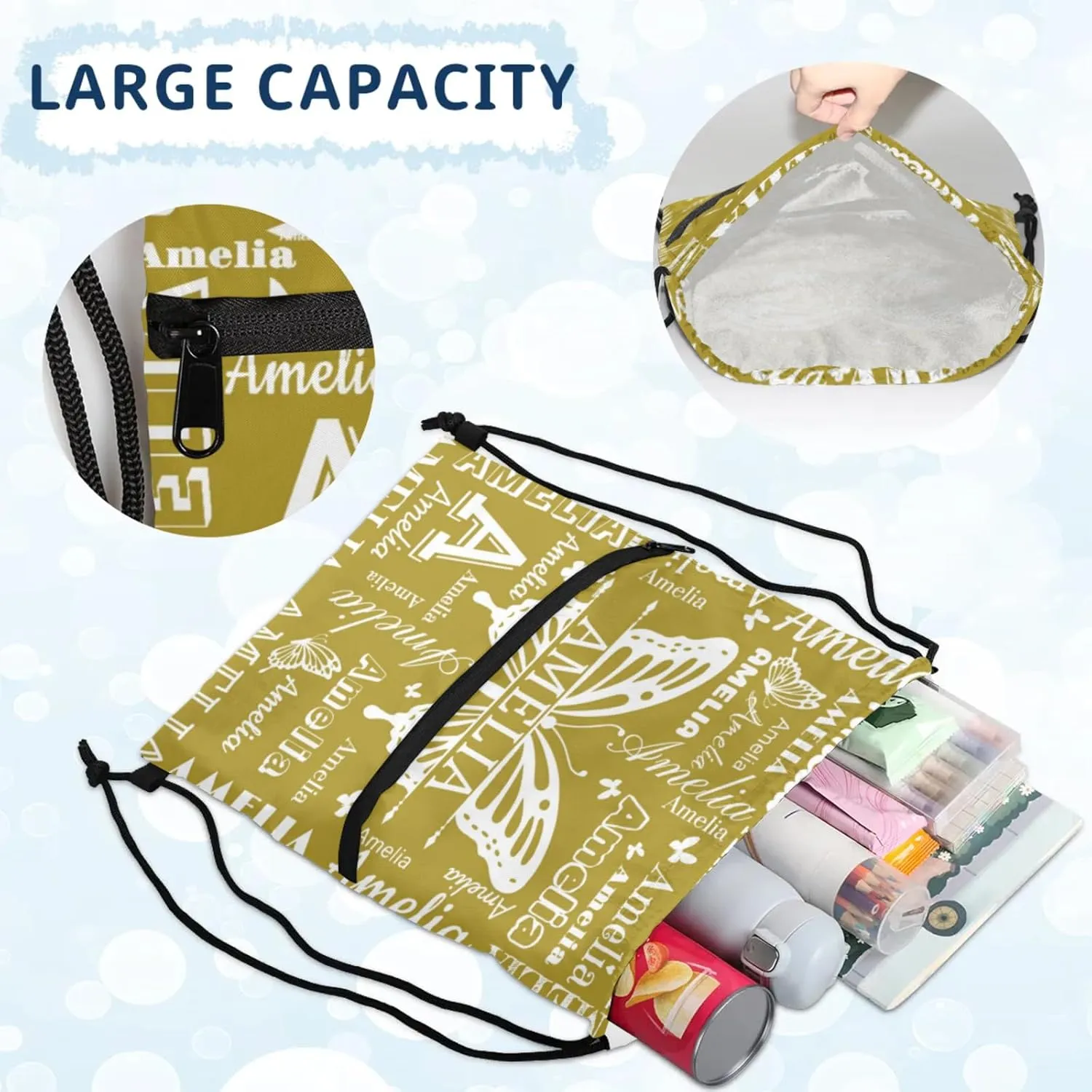Custom Sports Drawstring Backpacks with Name Dance Gymnastics Bag, Butterfly Design Personalized Drawstring Sport Bags for Gym Beach Travel, Brown
