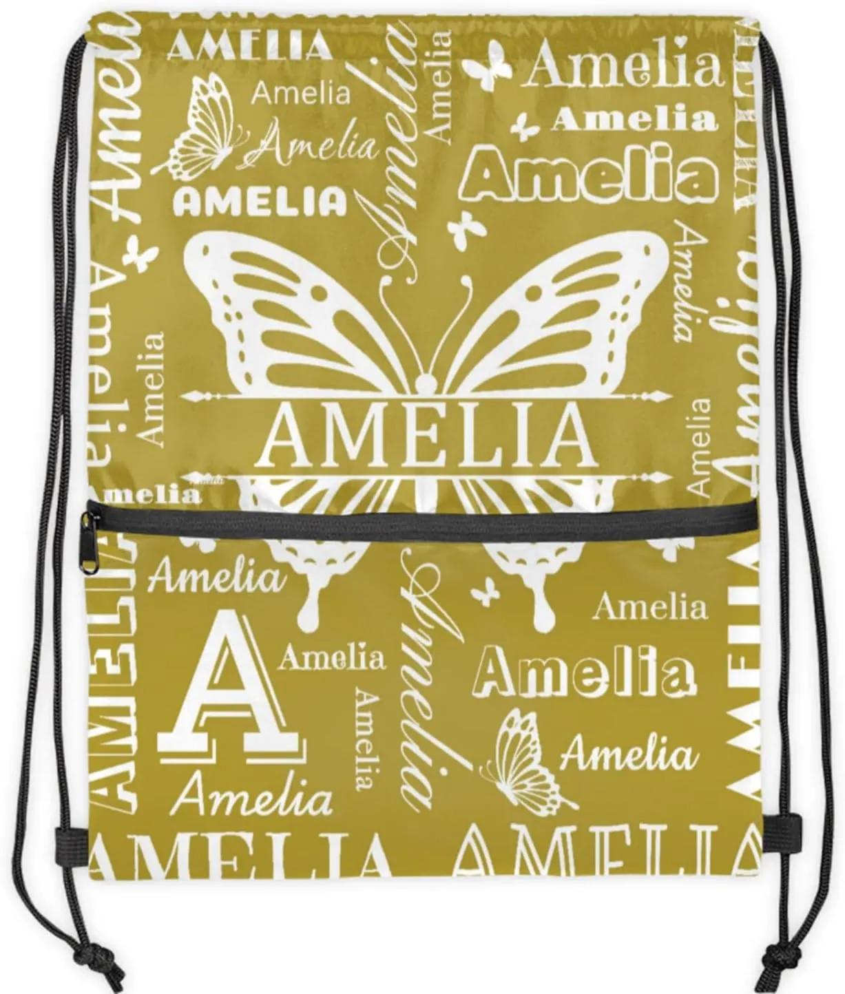 Custom Sports Drawstring Backpacks with Name Dance Gymnastics Bag, Butterfly Design Personalized Drawstring Sport Bags for Gym Beach Travel, Brown