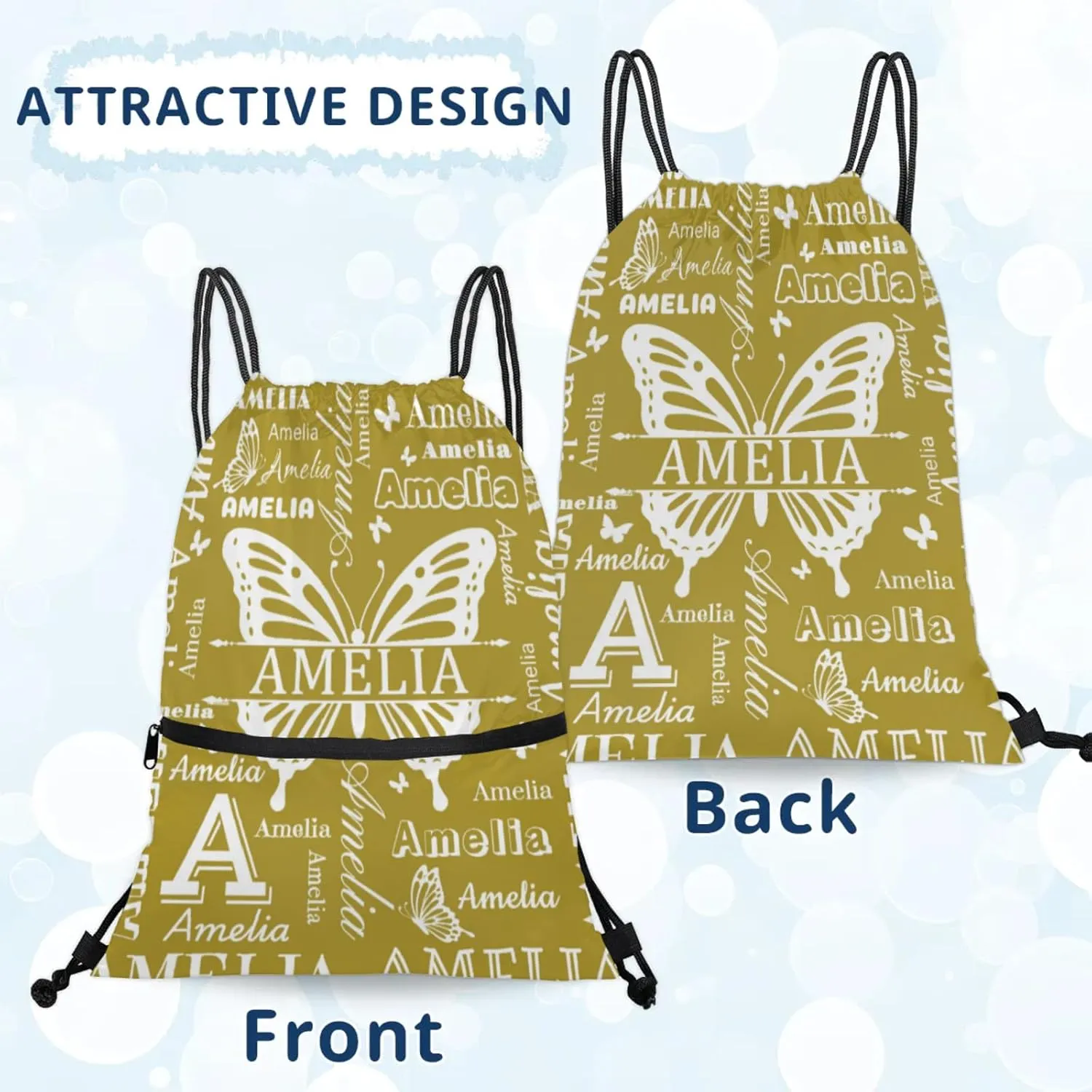 Custom Sports Drawstring Backpacks with Name Dance Gymnastics Bag, Butterfly Design Personalized Drawstring Sport Bags for Gym Beach Travel, Brown