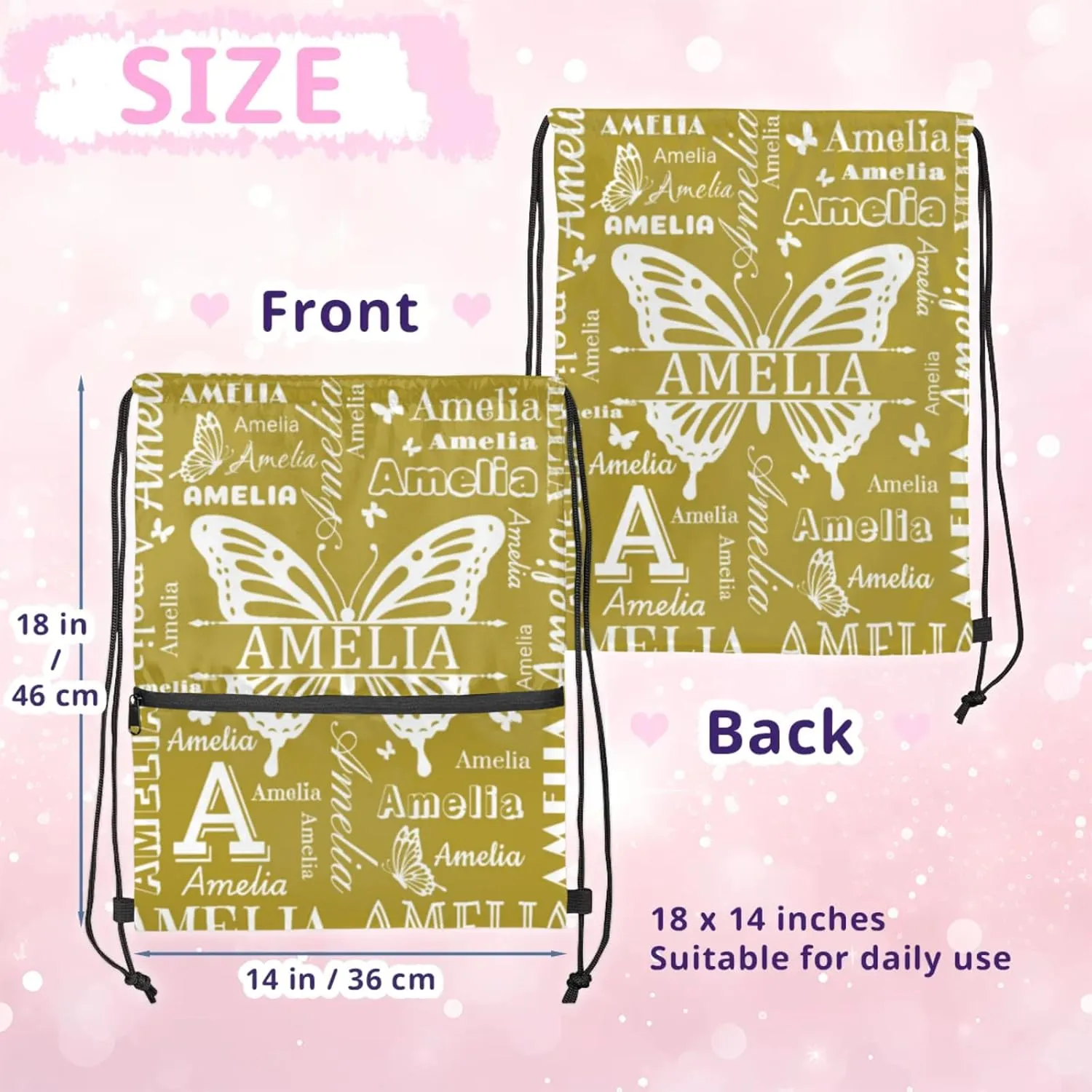 Custom Sports Drawstring Backpacks with Name Dance Gymnastics Bag, Butterfly Design Personalized Drawstring Sport Bags for Gym Beach Travel, Brown