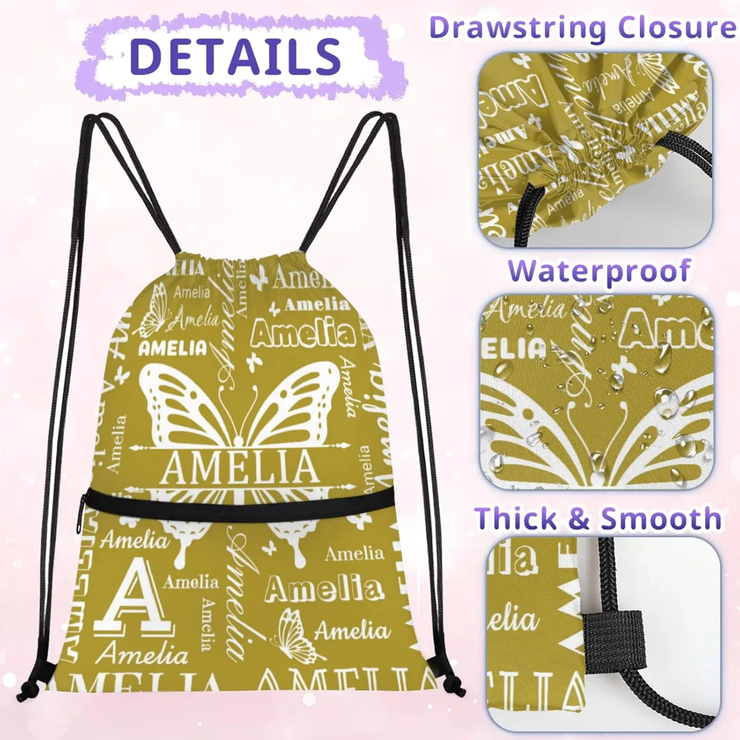 Custom Sports Drawstring Backpacks with Name Dance Gymnastics Bag, Butterfly Design Personalized Drawstring Sport Bags for Gym Beach Travel, Brown