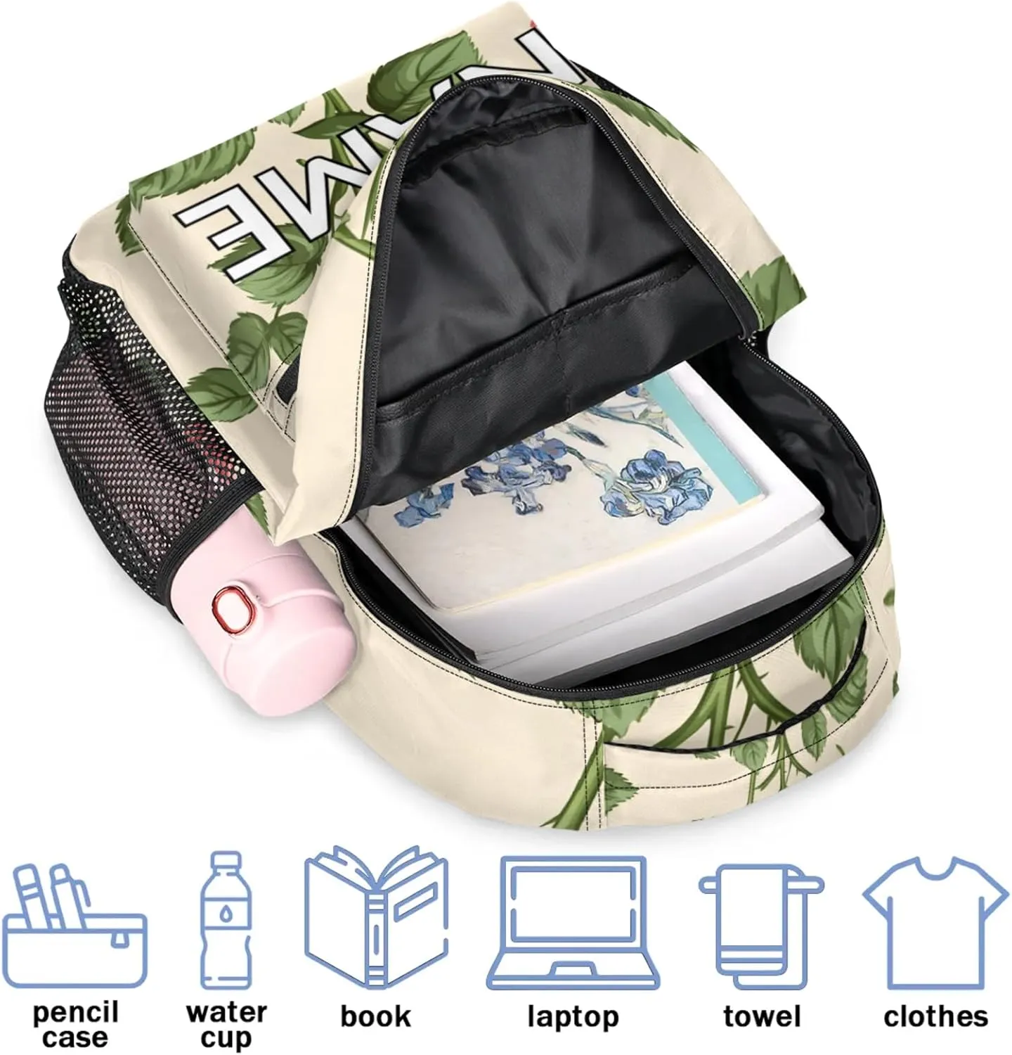 Custom Spring Rose Backpack with Name Personalized Waterproof Casual Daypack Pink Flower Farmhouse Customize Laptop Backpacks for Women Men
