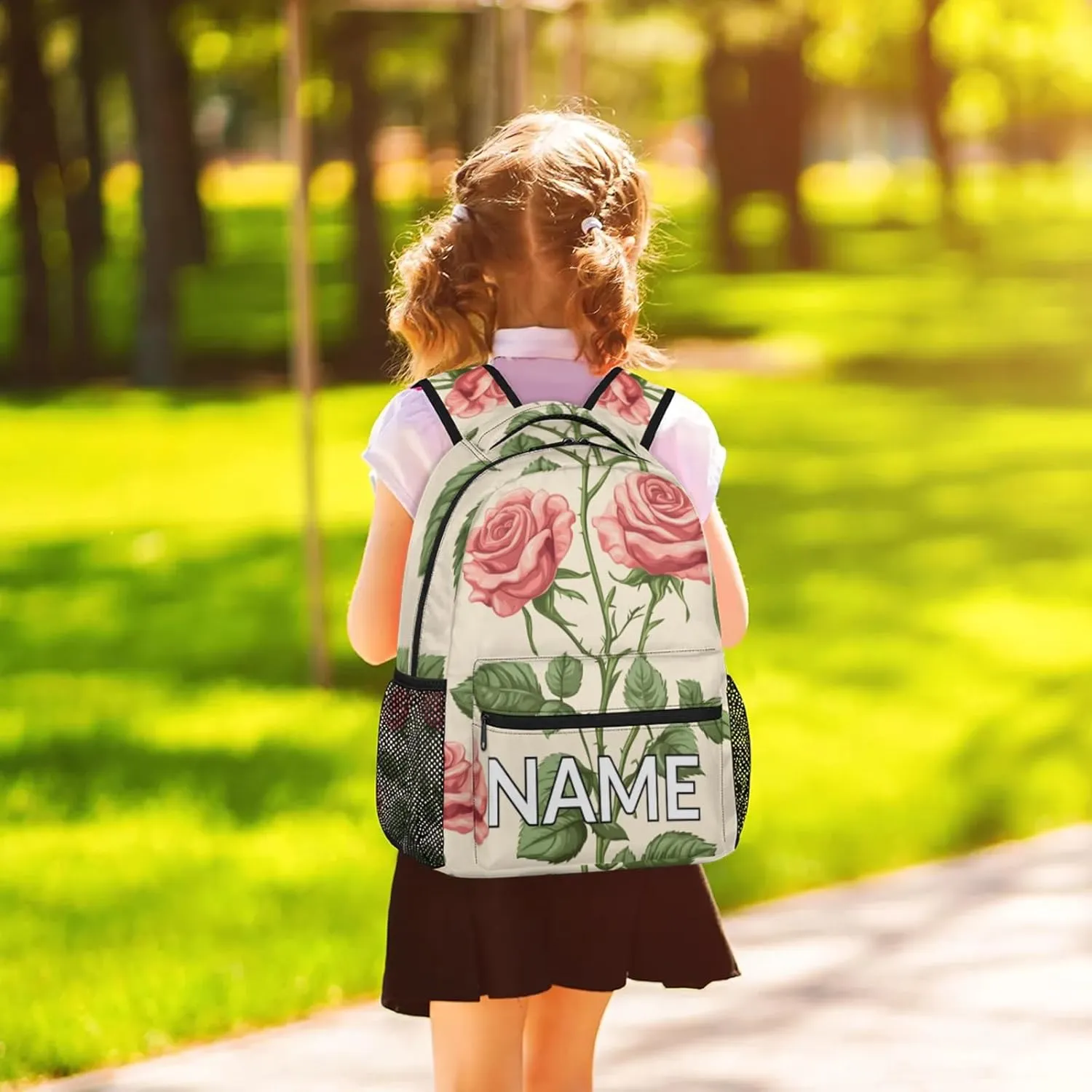 Custom Spring Rose Backpack with Name Personalized Waterproof Casual Daypack Pink Flower Farmhouse Customize Laptop Backpacks for Women Men
