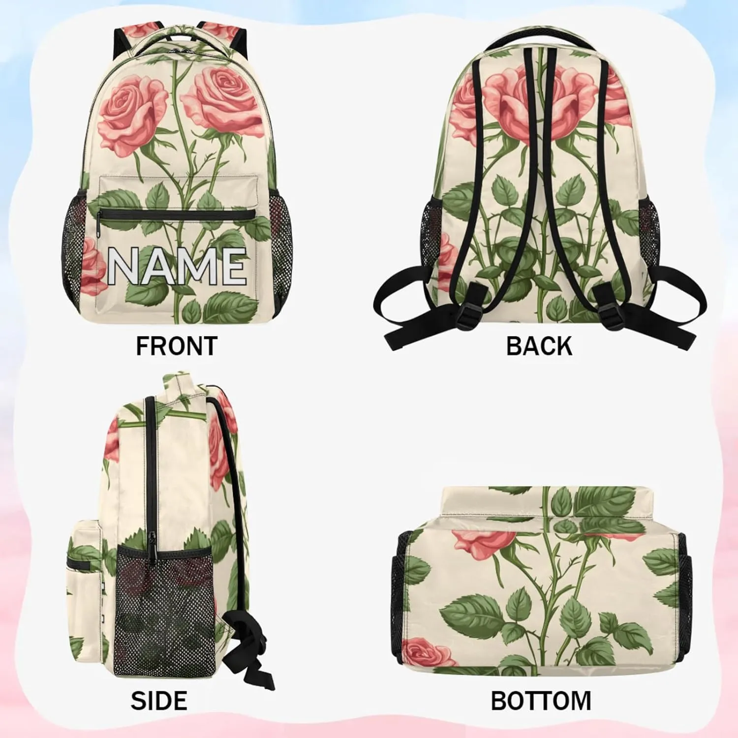 Custom Spring Rose Backpack with Name Personalized Waterproof Casual Daypack Pink Flower Farmhouse Customize Laptop Backpacks for Women Men