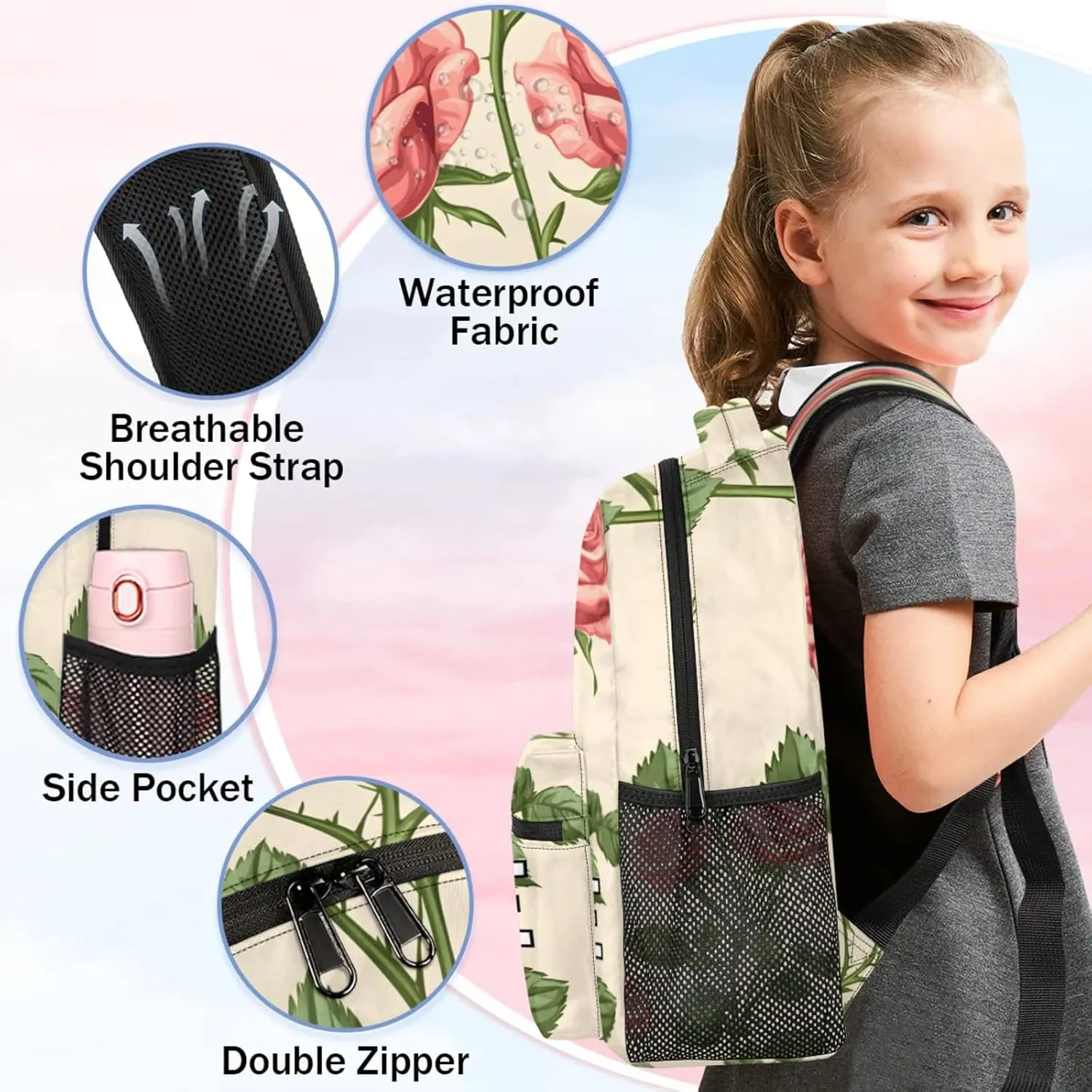 Custom Spring Rose Backpack with Name Personalized Waterproof Casual Daypack Pink Flower Farmhouse Customize Laptop Backpacks for Women Men