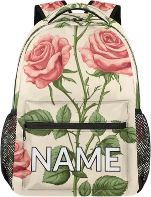 Custom Spring Rose Backpack with Name Personalized Waterproof Casual Daypack Pink Flower Farmhouse Customize Laptop Backpacks for Women Men
