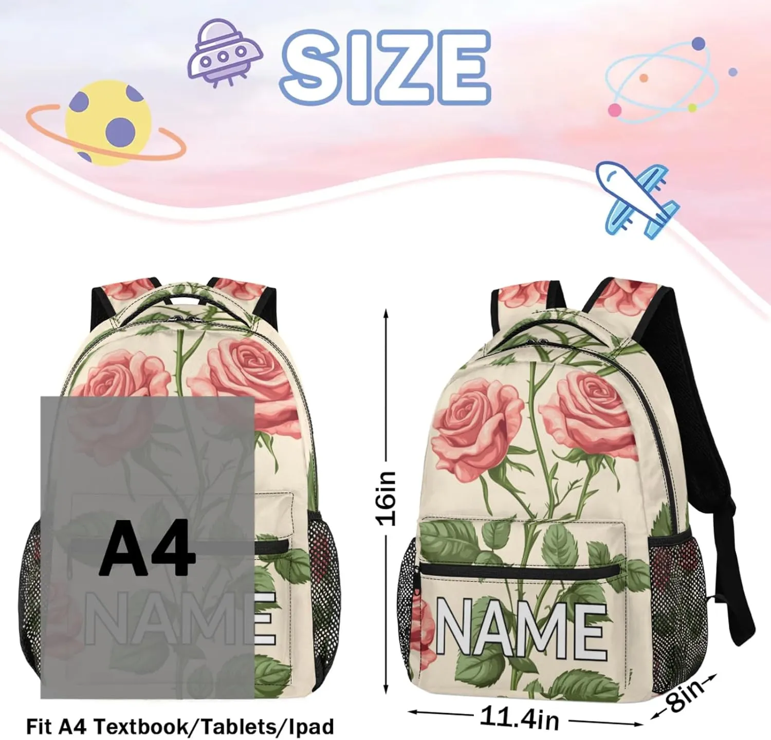 Custom Spring Rose Backpack with Name Personalized Waterproof Casual Daypack Pink Flower Farmhouse Customize Laptop Backpacks for Women Men