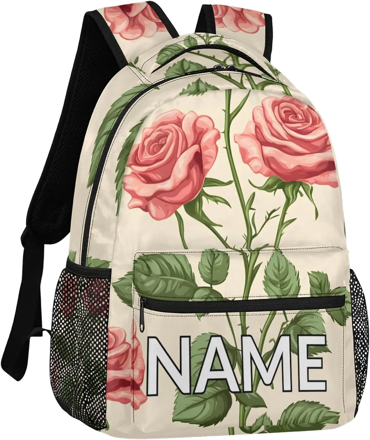 Custom Spring Rose Backpack with Name Personalized Waterproof Casual Daypack Pink Flower Farmhouse Customize Laptop Backpacks for Women Men