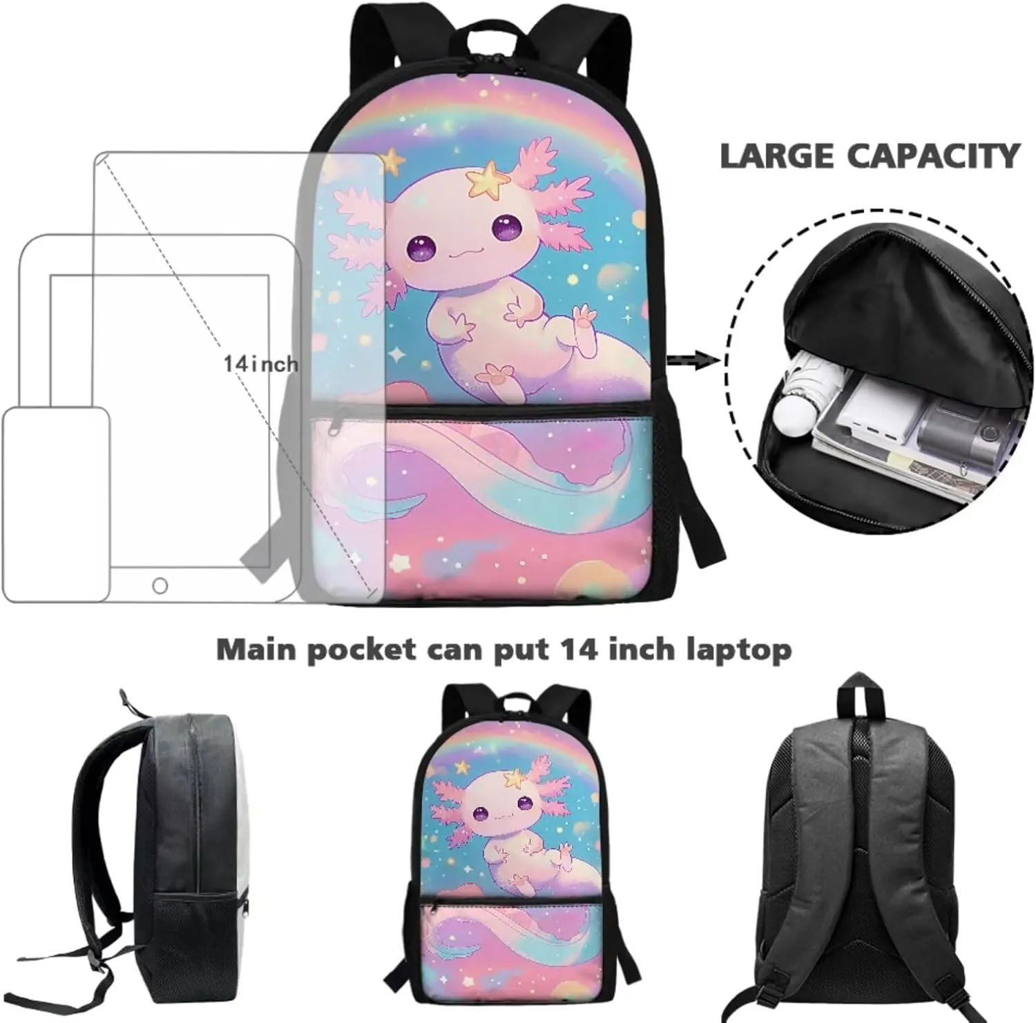 Cute Axolotl School Backpack with Lunch Bag for Girls 6-8/5-7 Rainbow Elementary School Bookbag and Lunch Box Set 3 in 1 Neon Book Bags Lunchbox Pencil Case 17in Kids Preschool Back Pack