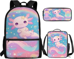 Cute Axolotl School Backpack with Lunch Bag for Girls 6-8/5-7 Rainbow Elementary School Bookbag and Lunch Box Set 3 in 1 Neon Book Bags Lunchbox Pencil Case 17in Kids Preschool Back Pack