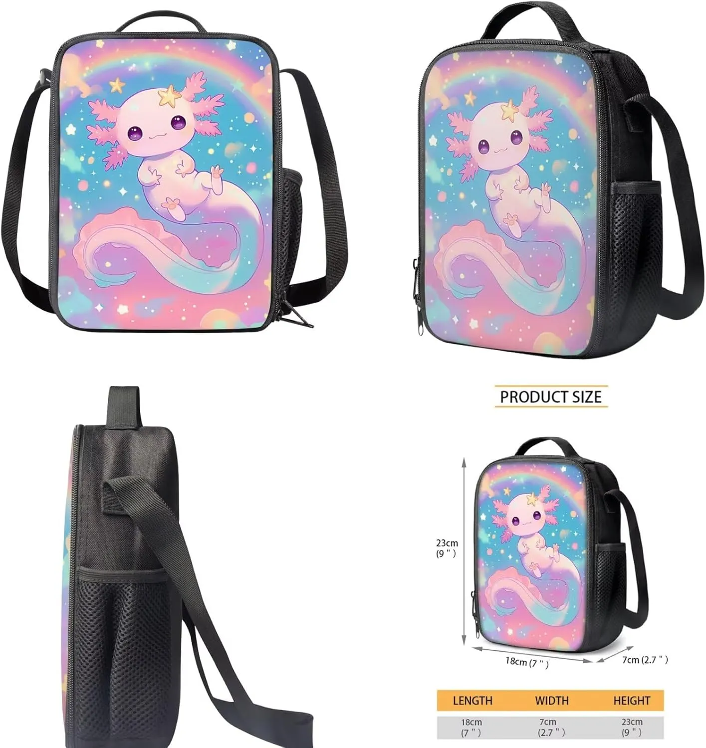 Cute Axolotl School Backpack with Lunch Bag for Girls 6-8/5-7 Rainbow Elementary School Bookbag and Lunch Box Set 3 in 1 Neon Book Bags Lunchbox Pencil Case 17in Kids Preschool Back Pack