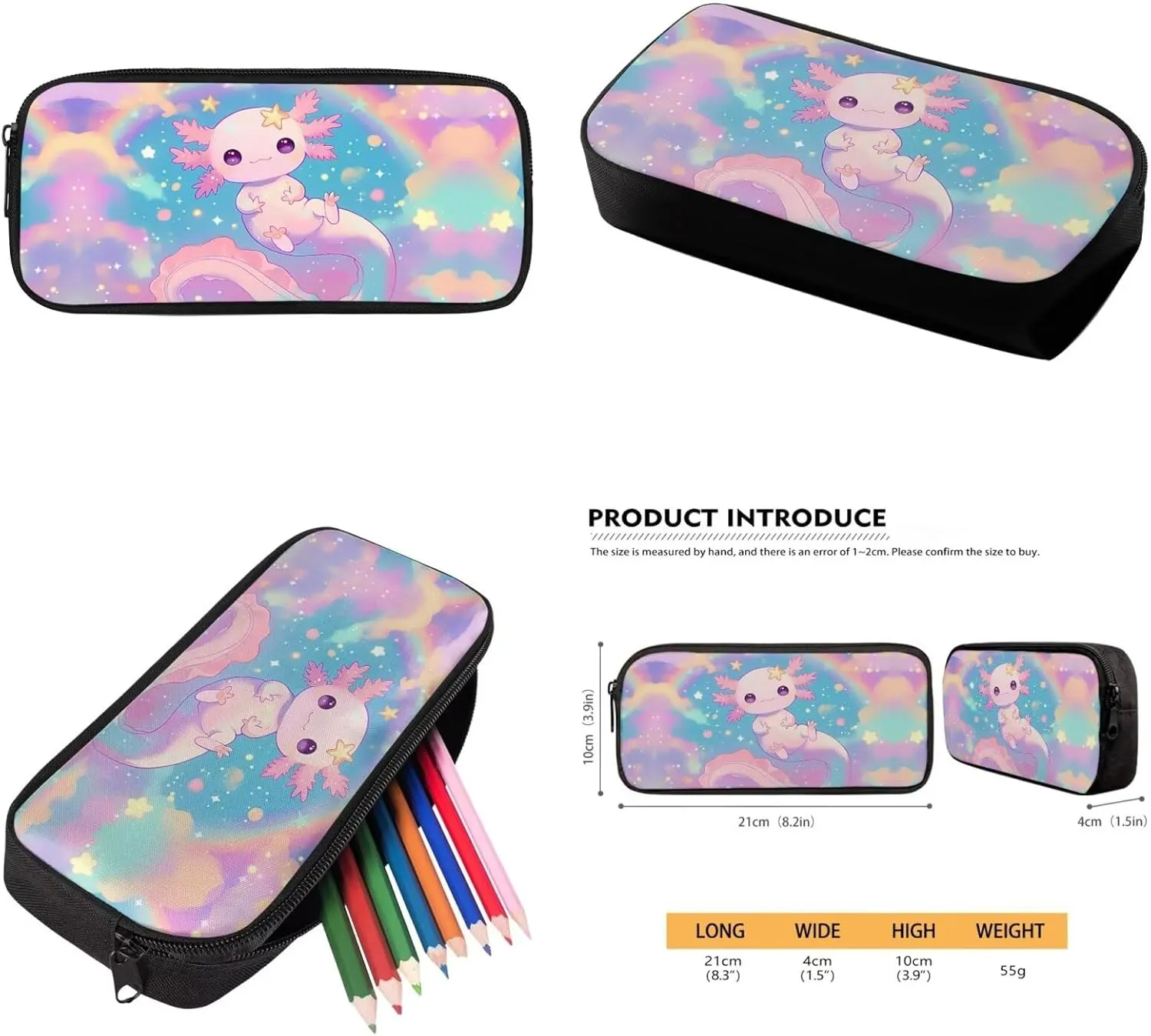 Cute Axolotl School Backpack with Lunch Bag for Girls 6-8/5-7 Rainbow Elementary School Bookbag and Lunch Box Set 3 in 1 Neon Book Bags Lunchbox Pencil Case 17in Kids Preschool Back Pack