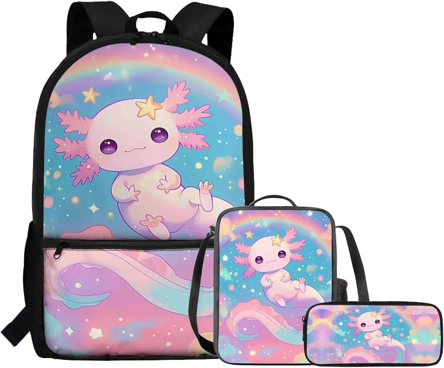 Cute Axolotl School Backpack with Lunch Bag for Girls 6-8/5-7 Rainbow Elementary School Bookbag and Lunch Box Set 3 in 1 Neon Book Bags Lunchbox Pencil Case 17in Kids Preschool Back Pack