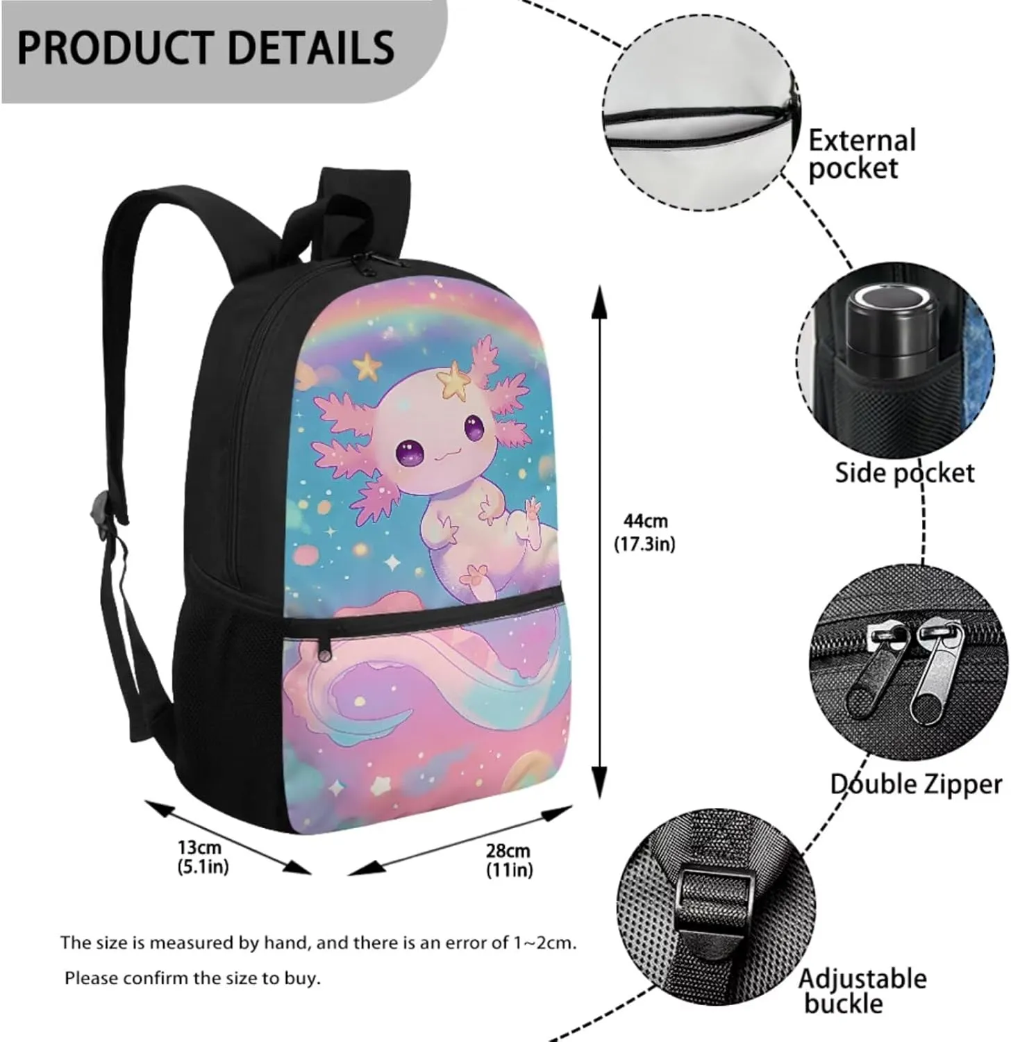 Cute Axolotl School Backpack with Lunch Bag for Girls 6-8/5-7 Rainbow Elementary School Bookbag and Lunch Box Set 3 in 1 Neon Book Bags Lunchbox Pencil Case 17in Kids Preschool Back Pack