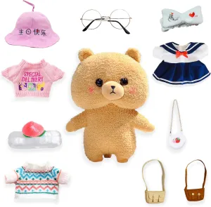 Cute Bear Stuffed Animal with 10 Pcs Kawaii Accessories, Bear Plush with 3 Sets of Clothes and Glasses---Birthday Gifts for Kids (Khaki)