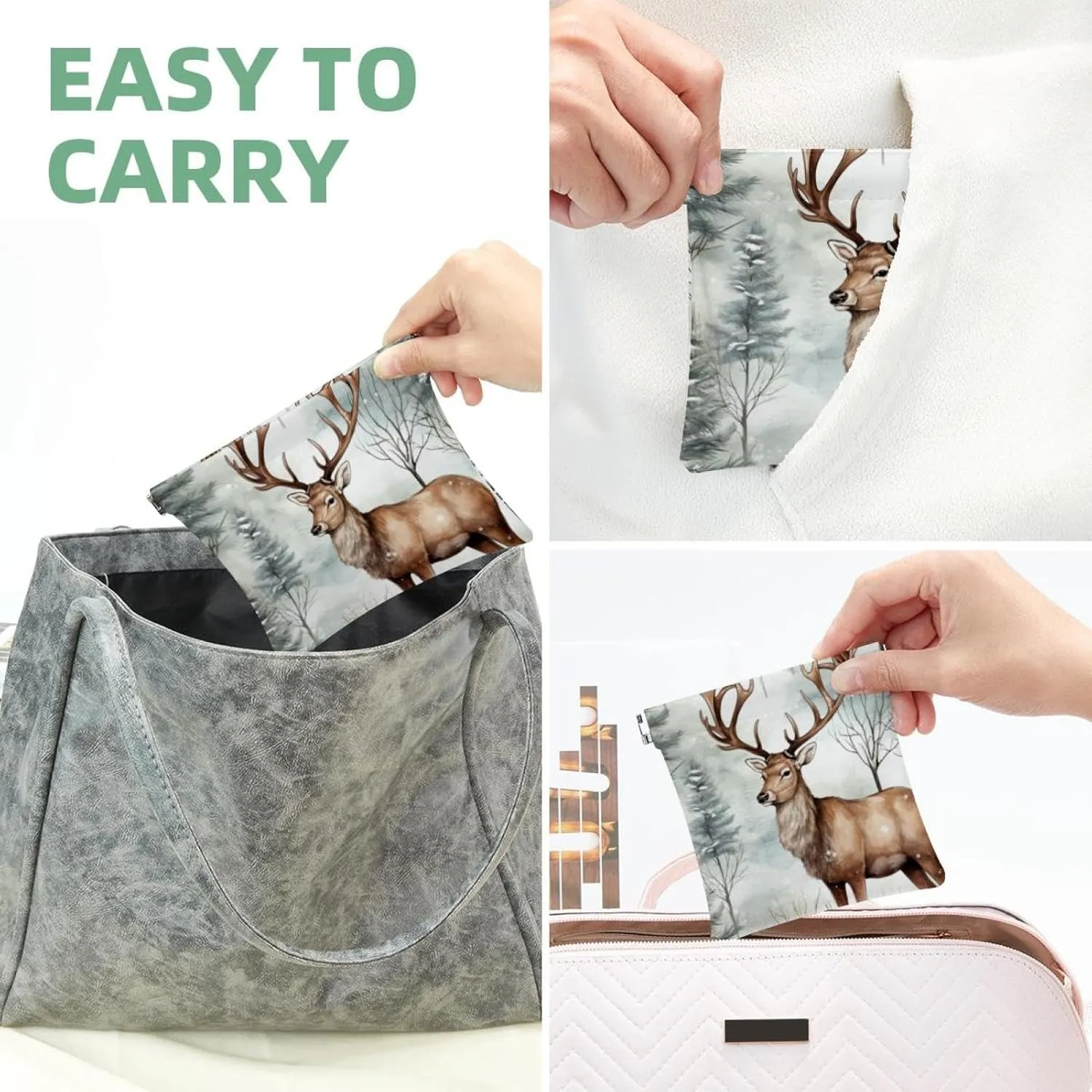 Cute Christmas Elk-1864 Pocket Cosmetic Bag, Waterproof Squeeze Makeup Bag No Zipper Self-Closing, Portable Mini Travel Storage for Headphones Jewelry