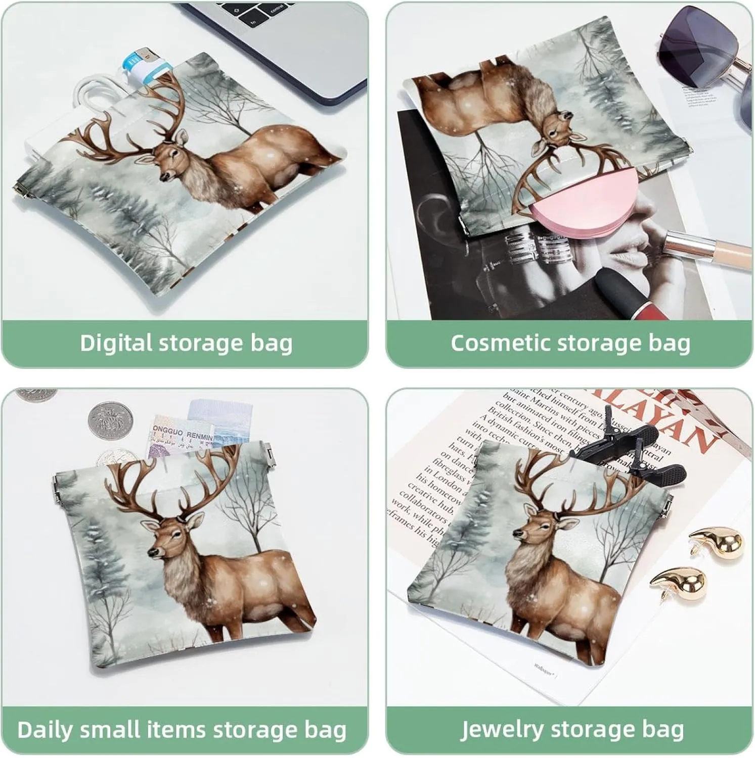 Cute Christmas Elk-1864 Pocket Cosmetic Bag, Waterproof Squeeze Makeup Bag No Zipper Self-Closing, Portable Mini Travel Storage for Headphones Jewelry
