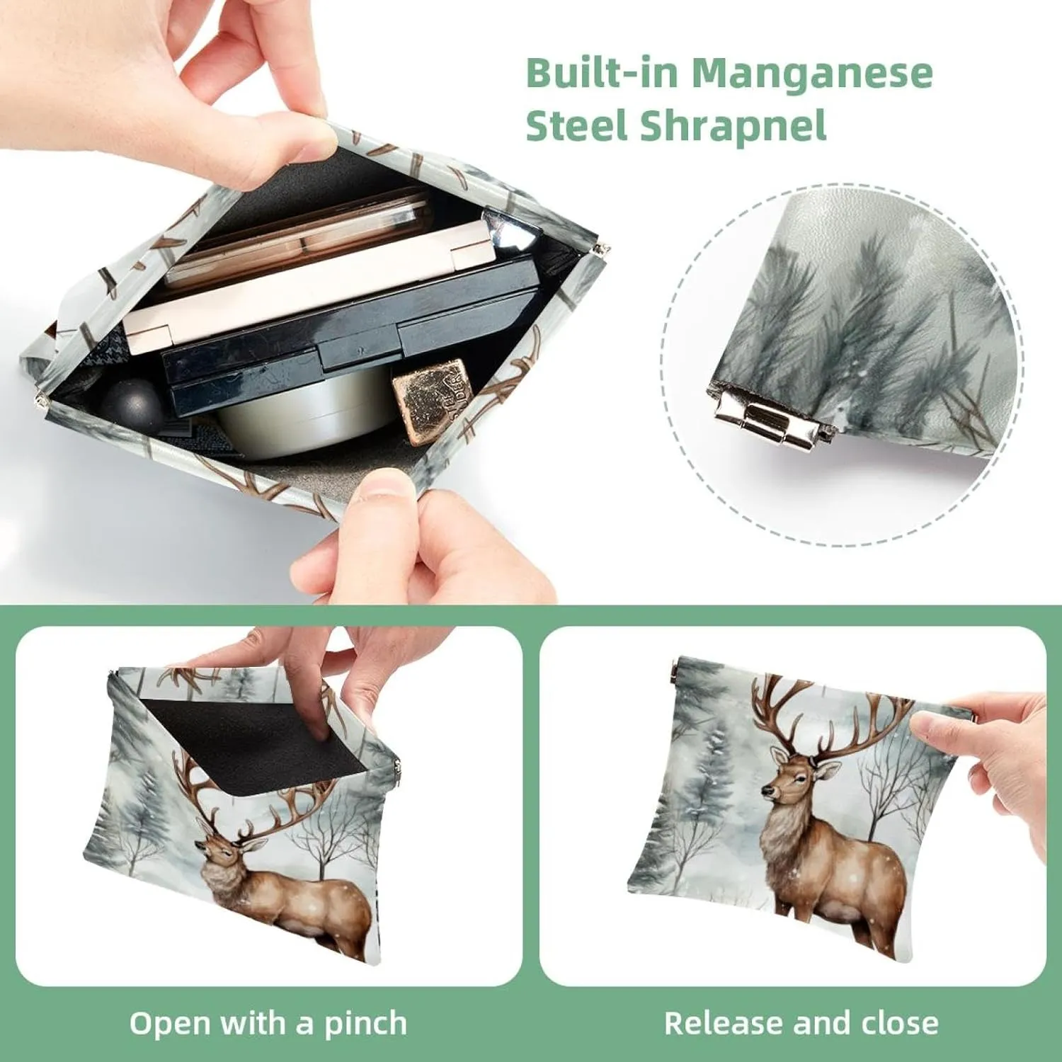 Cute Christmas Elk-1864 Pocket Cosmetic Bag, Waterproof Squeeze Makeup Bag No Zipper Self-Closing, Portable Mini Travel Storage for Headphones Jewelry