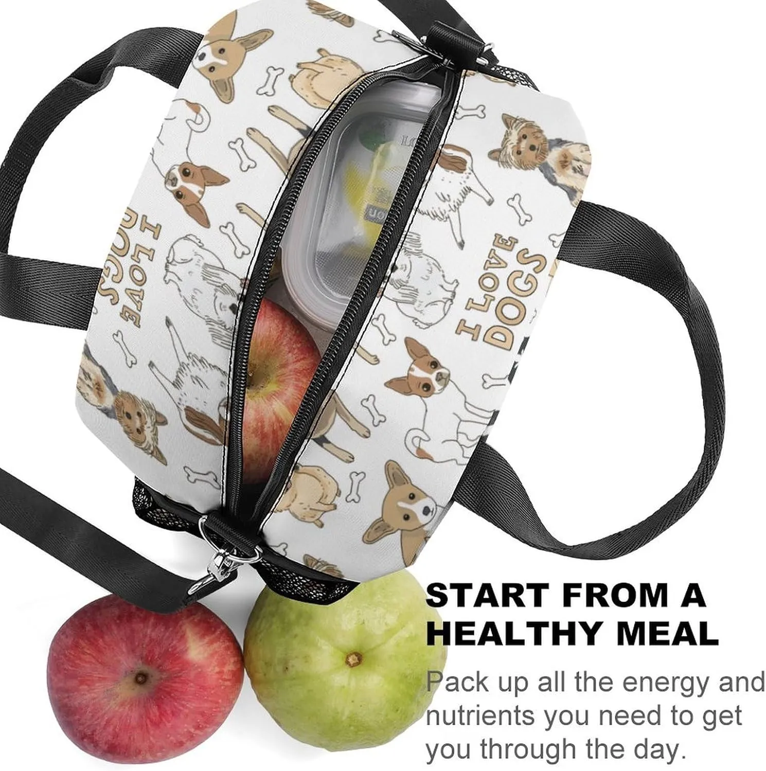 Cute Doodle Pets Dog Print Adjustable Shoulder Strap Insulated And Leak Proof Premium Lunch Bag Unisex