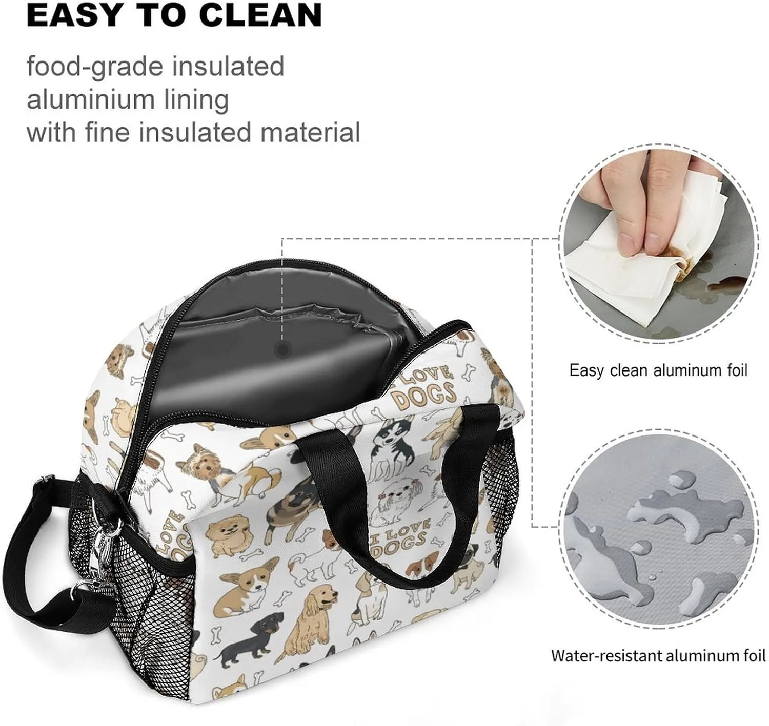 Cute Doodle Pets Dog Print Adjustable Shoulder Strap Insulated And Leak Proof Premium Lunch Bag Unisex