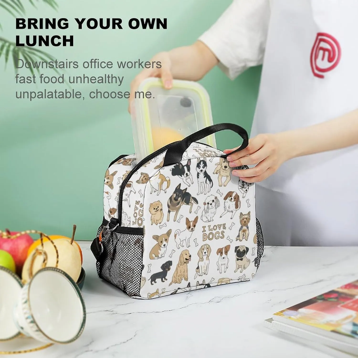 Cute Doodle Pets Dog Print Adjustable Shoulder Strap Insulated And Leak Proof Premium Lunch Bag Unisex