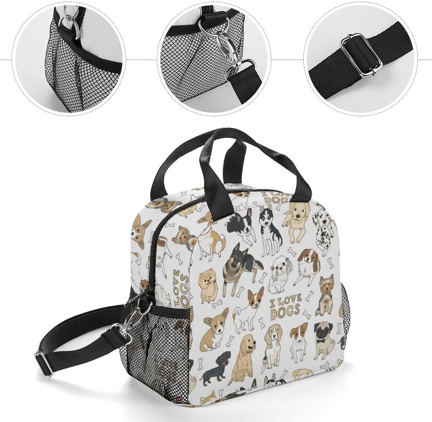 Cute Doodle Pets Dog Print Adjustable Shoulder Strap Insulated And Leak Proof Premium Lunch Bag Unisex