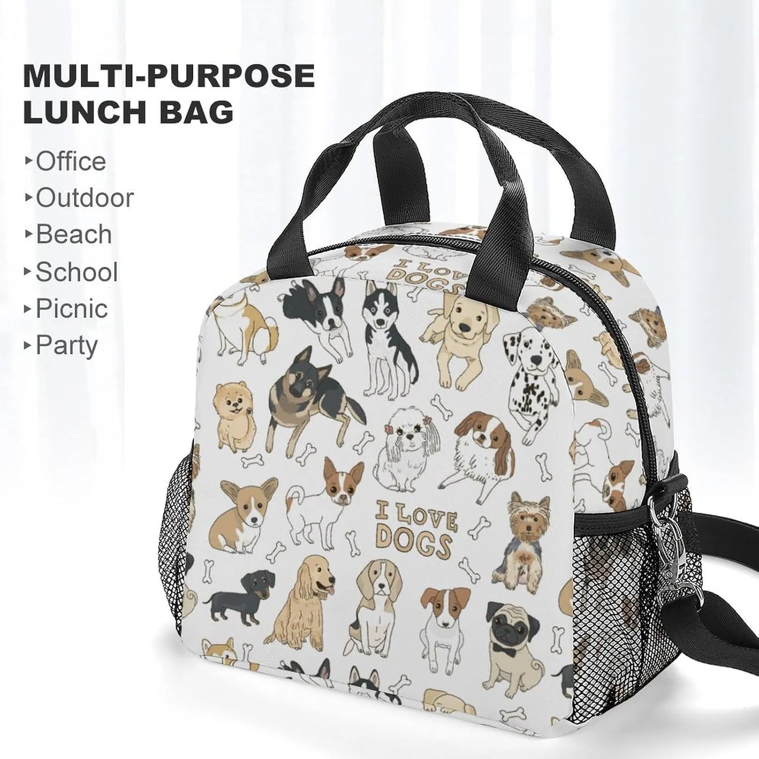 Cute Doodle Pets Dog Print Adjustable Shoulder Strap Insulated And Leak Proof Premium Lunch Bag Unisex