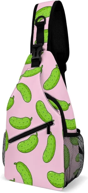 Cute Funny Cucumber Sling Bag Crossbody for Women Men Lightweight Adjustable Extender Strap Cartoon Kawaii Pink Shoulder Backpack with Water Bottle Holder Casual Daypack for Hiking Travel