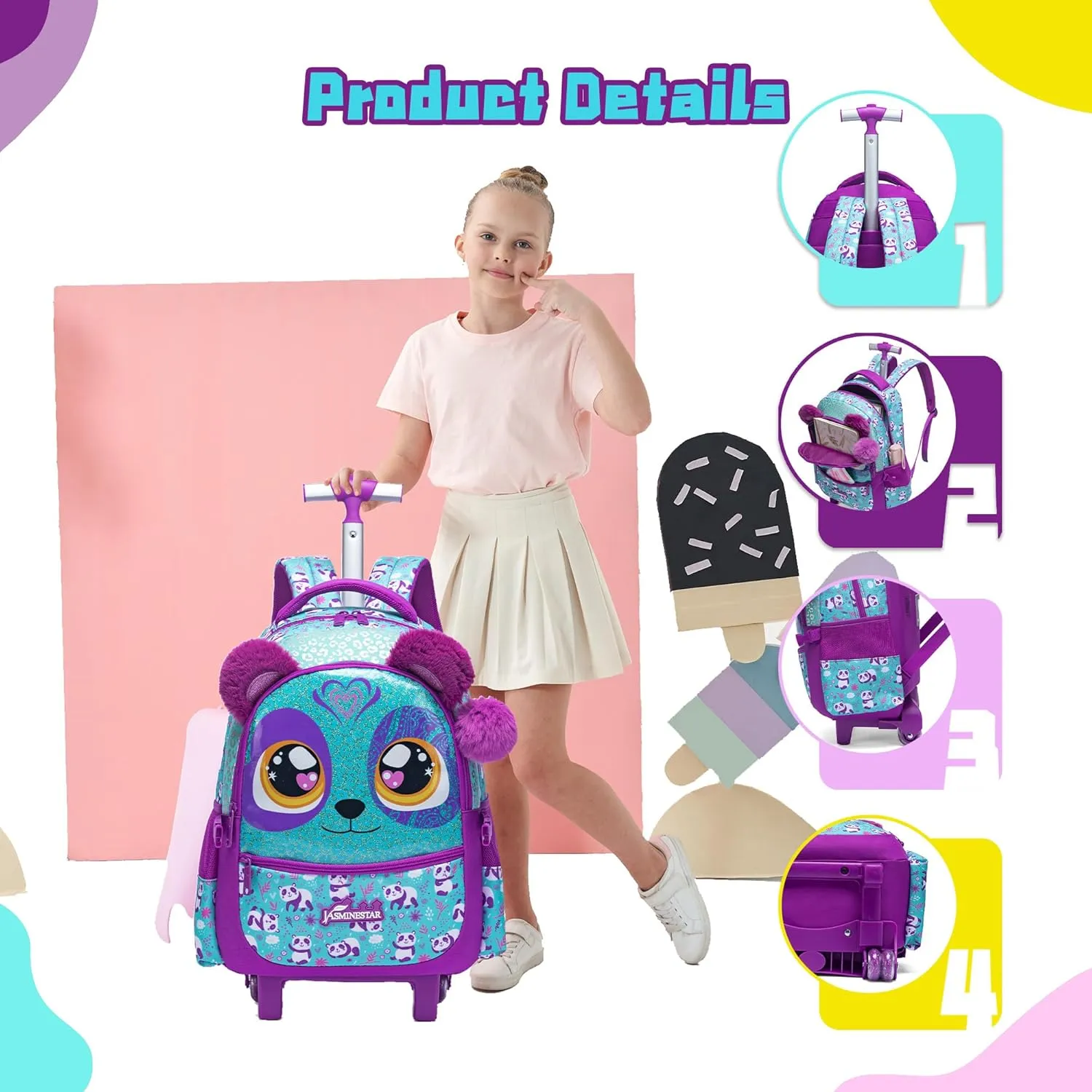 Cute Rolling Backpack for Girls Backpacks with Wheels for Elementary Students Kids 3 in 1 Travel Luggage Carry on Suitcase with Lunch Box for Girls Age 8-10