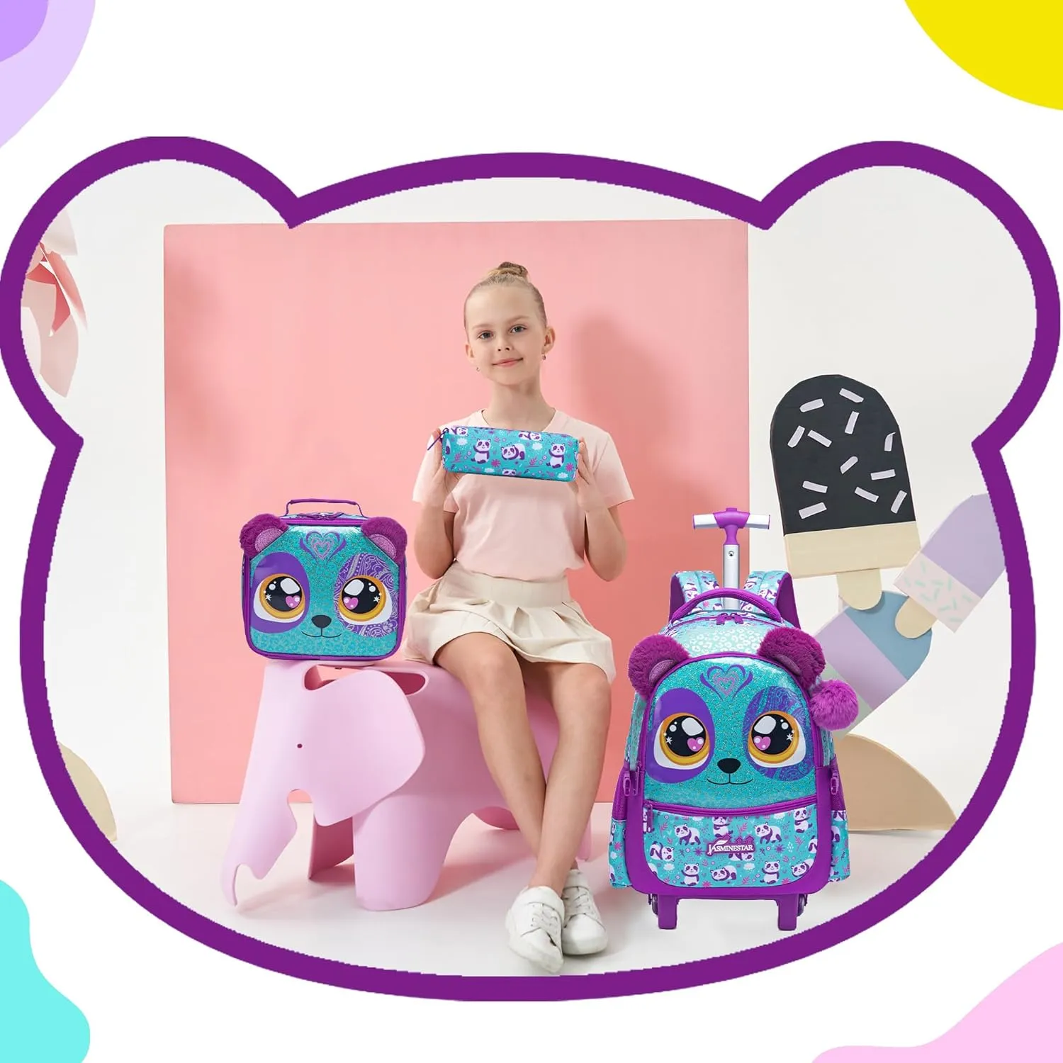 Cute Rolling Backpack for Girls Backpacks with Wheels for Elementary Students Kids 3 in 1 Travel Luggage Carry on Suitcase with Lunch Box for Girls Age 8-10