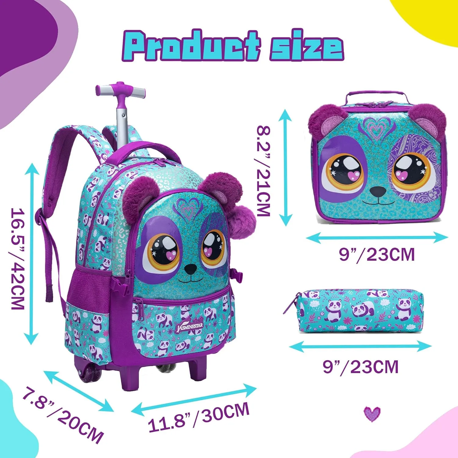 Cute Rolling Backpack for Girls Backpacks with Wheels for Elementary Students Kids 3 in 1 Travel Luggage Carry on Suitcase with Lunch Box for Girls Age 8-10