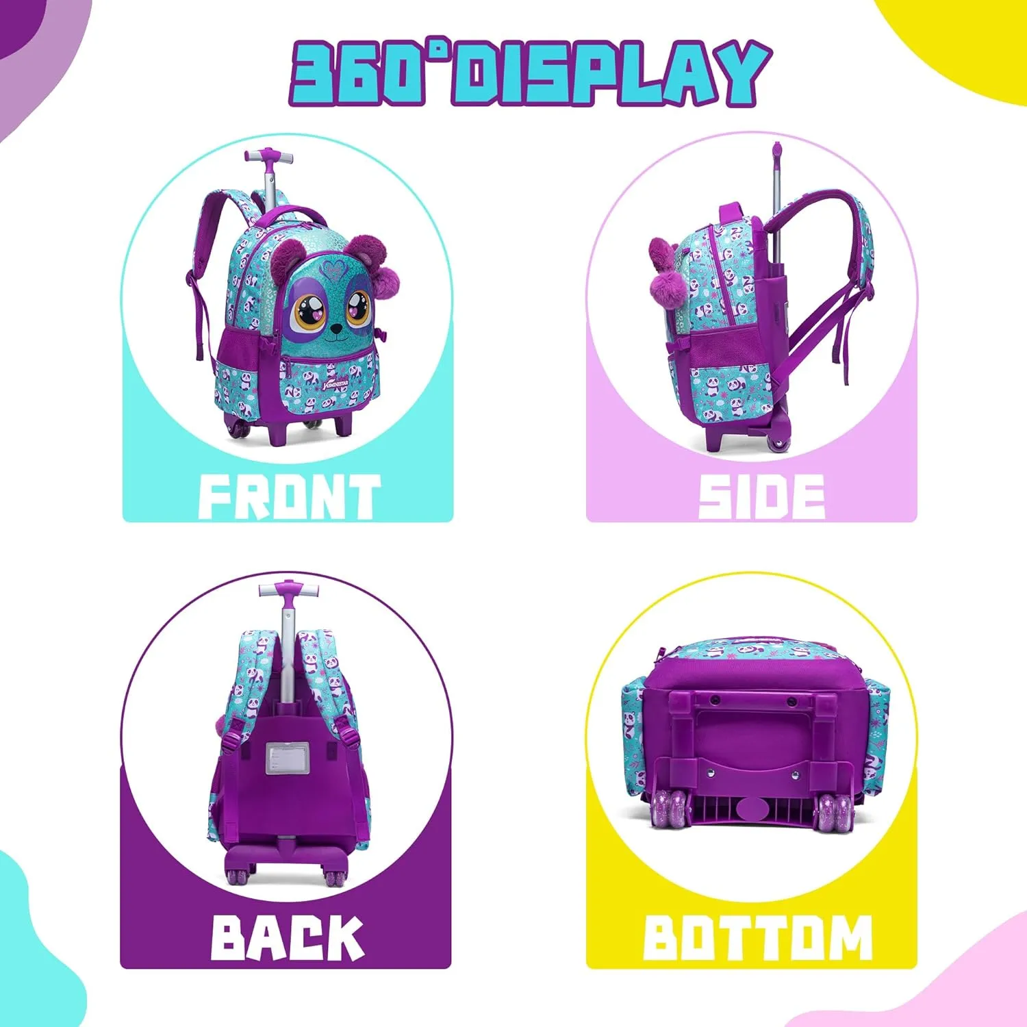 Cute Rolling Backpack for Girls Backpacks with Wheels for Elementary Students Kids 3 in 1 Travel Luggage Carry on Suitcase with Lunch Box for Girls Age 8-10