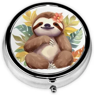Cute Sloth Leaves Pill Box Round Pill Case for Pocket Purse 3 Compartment Medicine Pill Organizer Cute Portable Travel Pillbox Vitamin Cod Liver Oil Storage Box Unique Gift Organizer