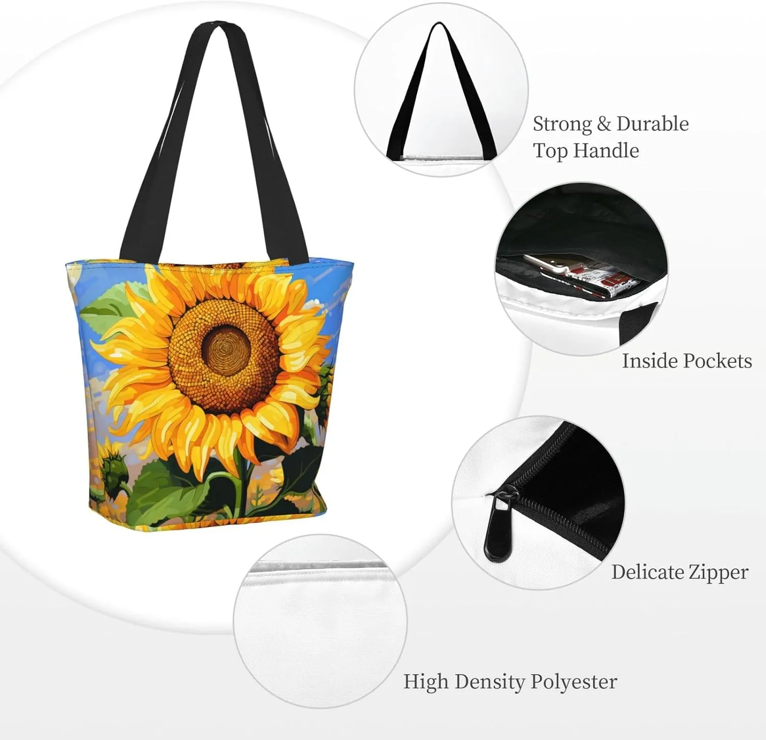 DADABULIU Tote Bag Reusable Grocery Bag Shoulder Bags with Zipper for Travel Beach Shopping Work Over 12 Years Old