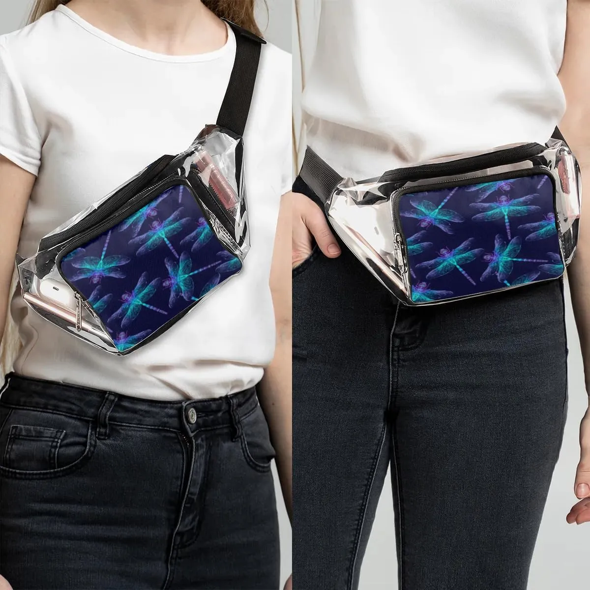 Dark Blue Dragonfly Pattern Clear Fanny Pack Stadium Approved Clear Crossbody Belt Bag for Women Men Transparent Waist Bag with Adjustable Strap for Concerts Sports Events Travel