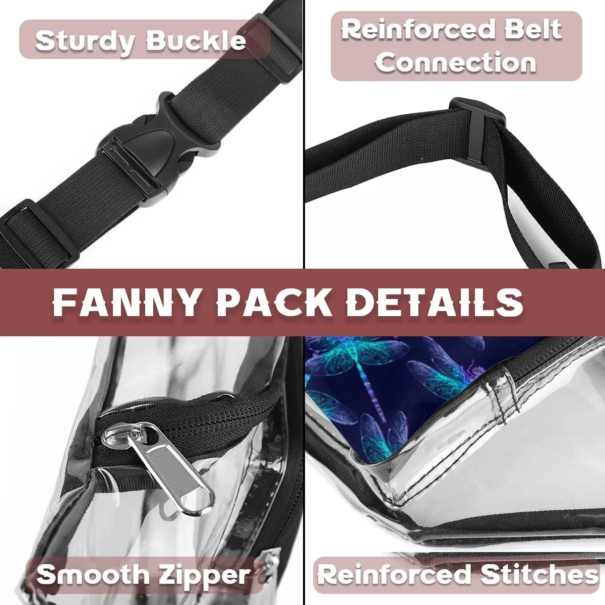 Dark Blue Dragonfly Pattern Clear Fanny Pack Stadium Approved Clear Crossbody Belt Bag for Women Men Transparent Waist Bag with Adjustable Strap for Concerts Sports Events Travel