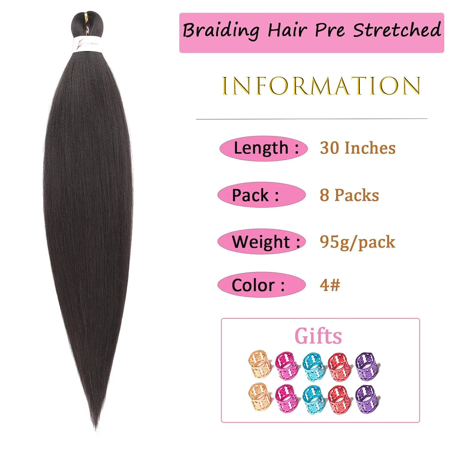 Dark Brown Braiding Hair Pre stretched 30 Inch 8 Packs Pre stretched Braiding Hair Pre Stretched Hair For Braiding Yaki Texture Synthetic Hair Extension Itch Free Hot Water Setting(30", 4#)
