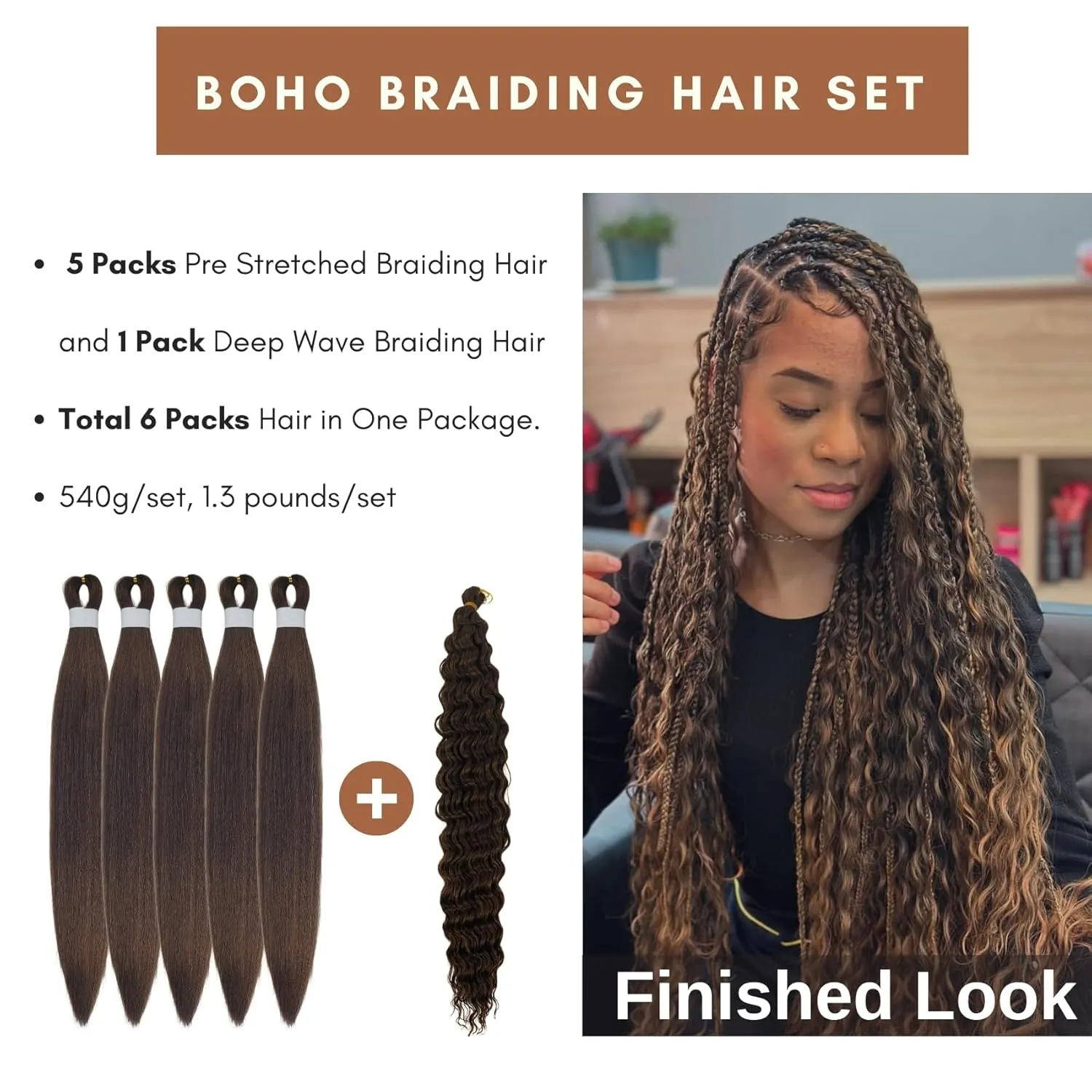 Dark Honey Brown Boho Braiding Hair Mixed Synthetic Deep Wave Boho Braids Hair for Braiding