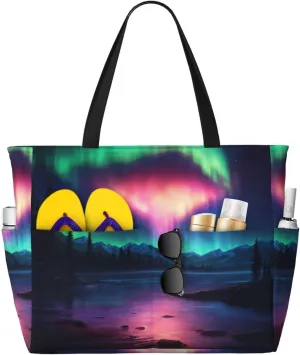 Dark Northern Lights Print Stylish Beach Tote Bag,Large Capacity Handbag,Perfect For Women'S Vacation And Daily Use