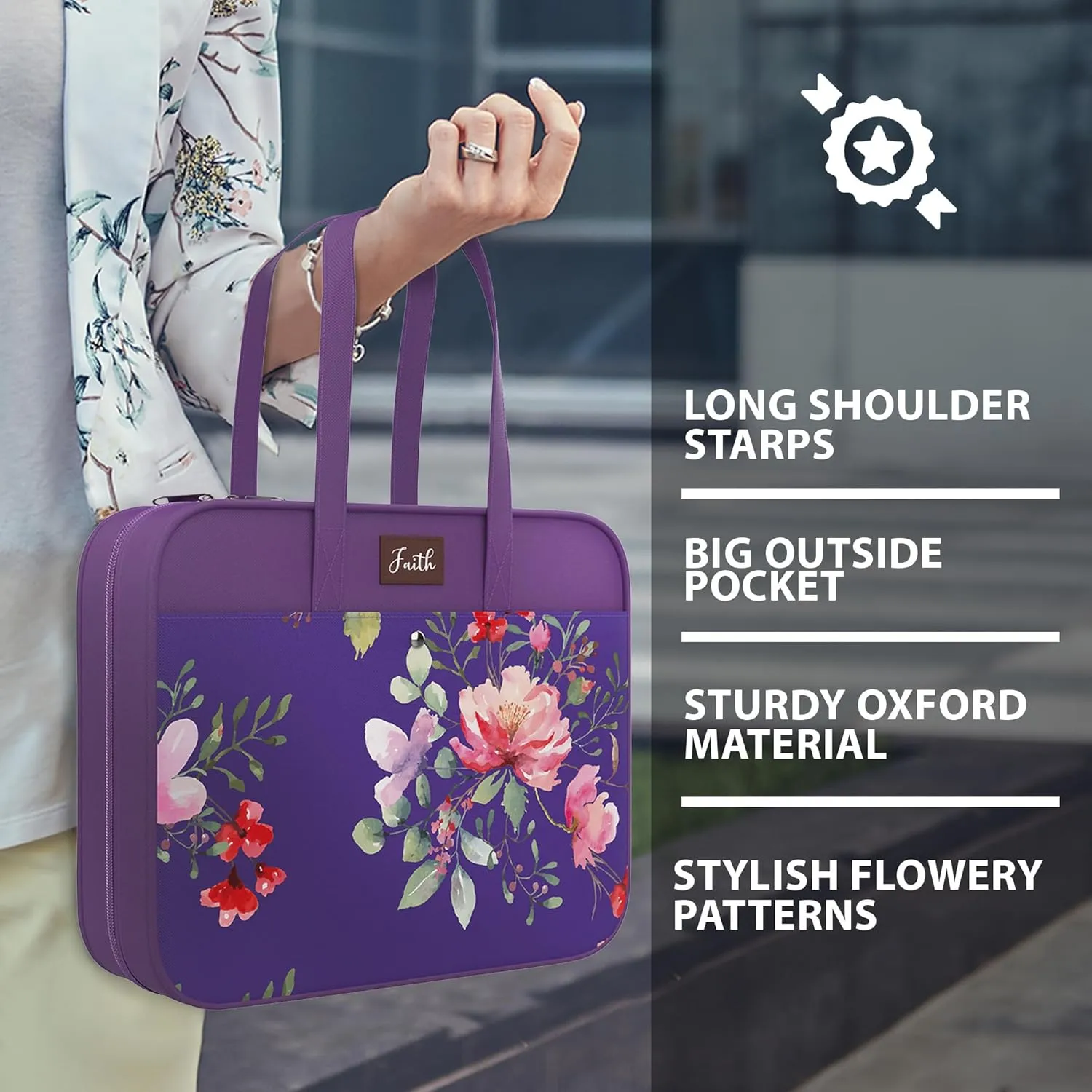 DEHITE Bible Bags for Women – Purple Floral Bible Carrying Case – Tote Bag Extra Large – Book Size 11.8 x 10 x 4.1 in – Pen Slot – Zippered Pocket – Shoulder Strap – Premium Fabric – Christian Gift