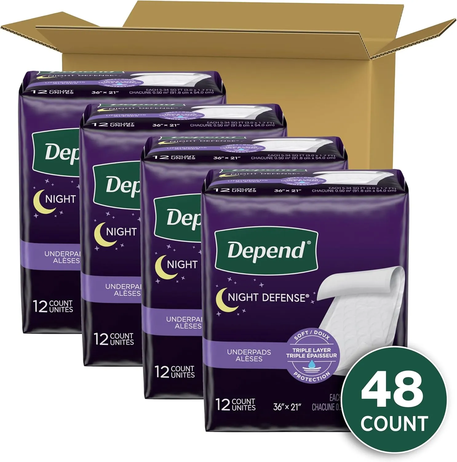 Depend Underpads, Disposable Incontinence Bed Pads for Adults, Slip Resistant, 36"x 21", 48 Count (4 Packs of 12)