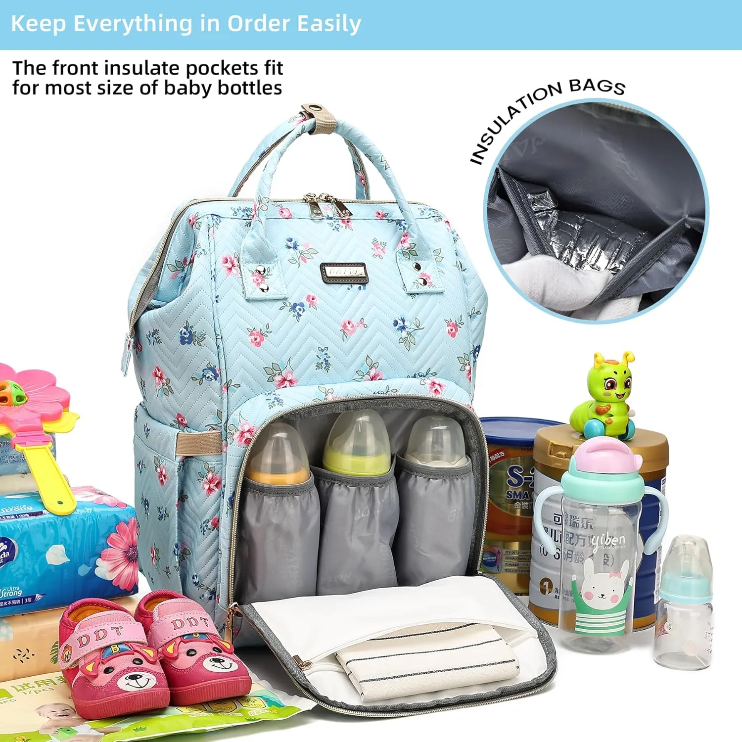 Diaper Bag Backpack for Women, Baby Bags for Girls,Diaper Bag with Changing Pad, and Insulated Pockets-Blue Flowers