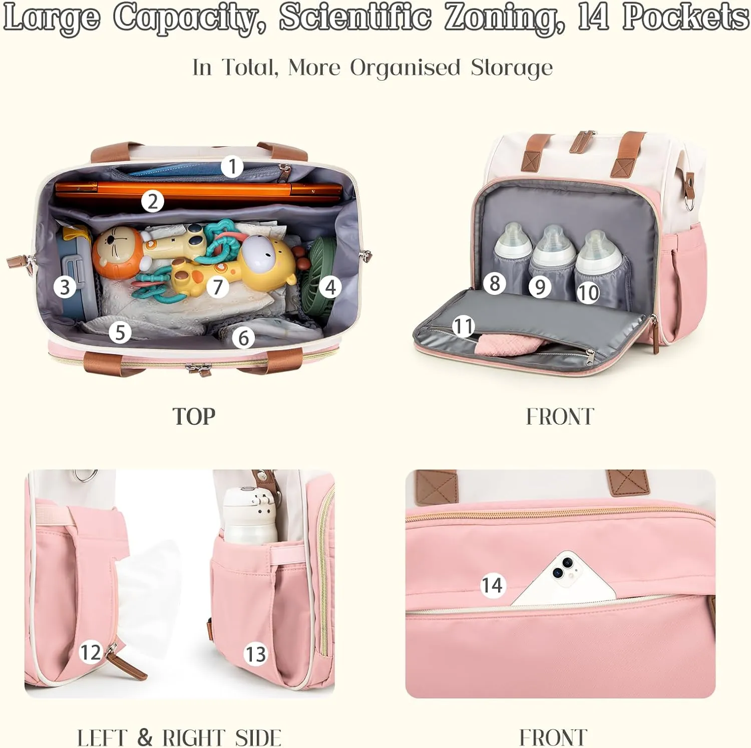 Diaper Bag Backpack, Mommy Travel Diaper Bag Tote with Shoulder Strap, Hospital Bag, Weekender Baby Bag for Mom