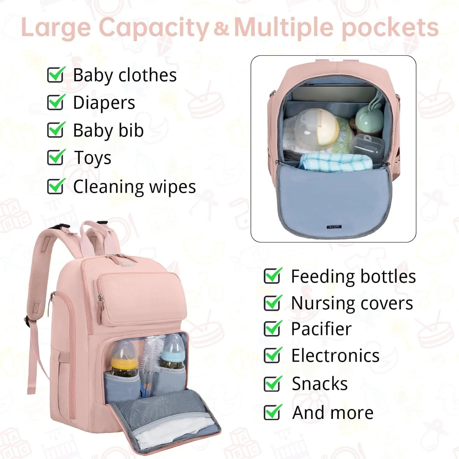 Diaper Bag Large Capacity Diaper Backpack Multi-Function Baby Diaper Bag For Dad And Mom With Insulated Pockets, Stroller Straps, Pink