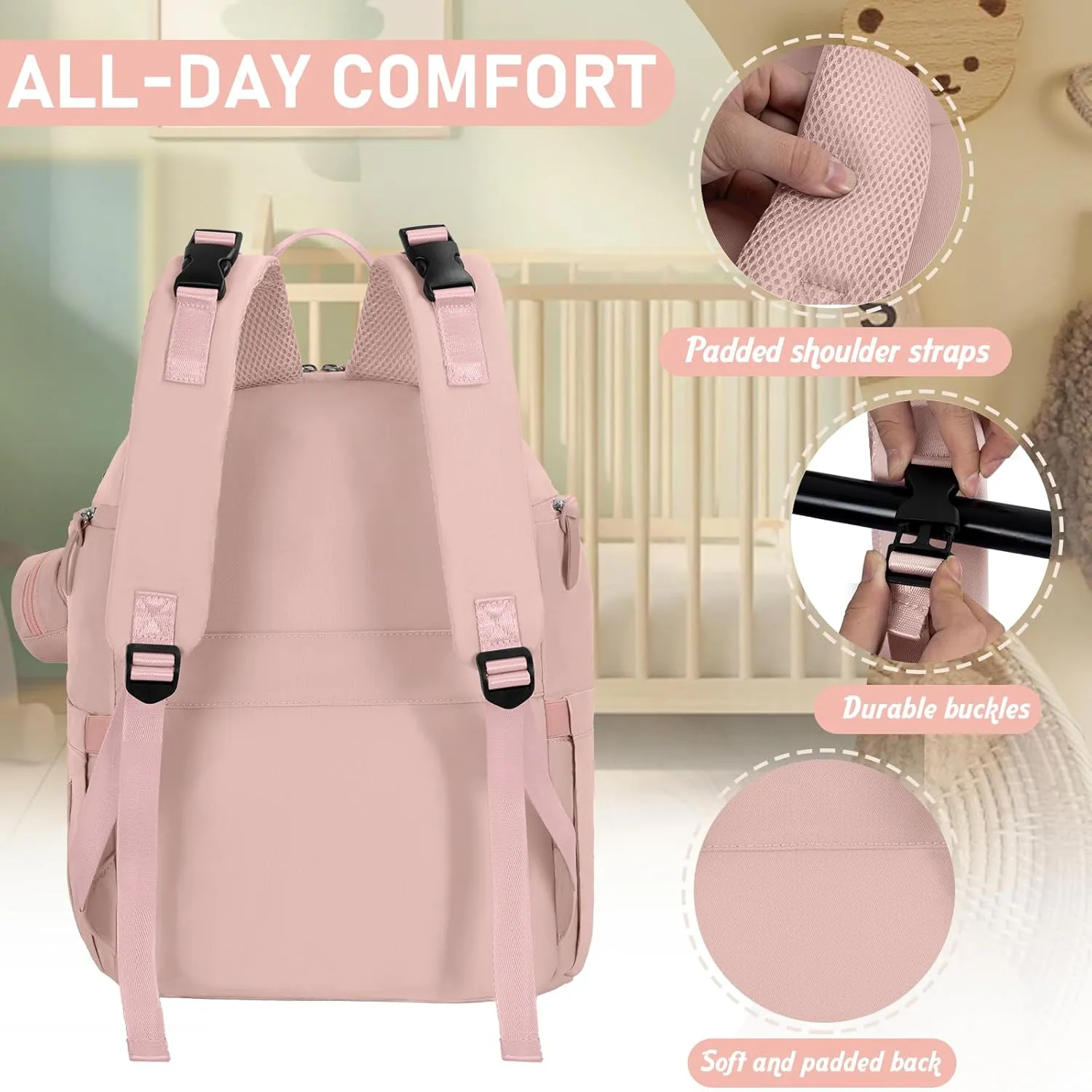 Diaper Bag Large Capacity Diaper Backpack Multi-Function Baby Diaper Bag For Dad And Mom With Insulated Pockets, Stroller Straps, Pink