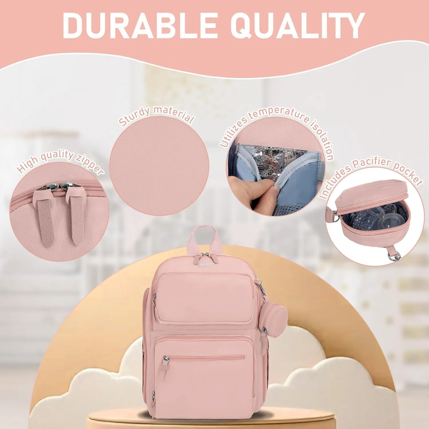 Diaper Bag Large Capacity Diaper Backpack Multi-Function Baby Diaper Bag For Dad And Mom With Insulated Pockets, Stroller Straps, Pink
