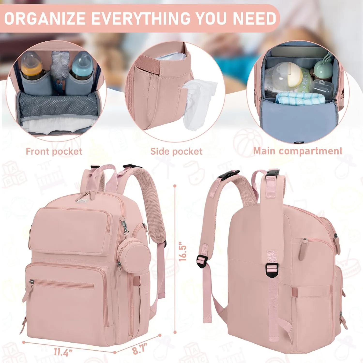 Diaper Bag Large Capacity Diaper Backpack Multi-Function Baby Diaper Bag For Dad And Mom With Insulated Pockets, Stroller Straps, Pink